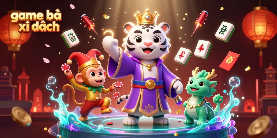 Engage with game bài xì dách as a whimsical tiger and playful monkey celebrate victory with poker chips.
