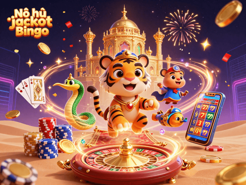 Nổ hũ jackpot bingo featuring an Arabian tiger sultan on a magical carpet amidst vibrant casino elements.