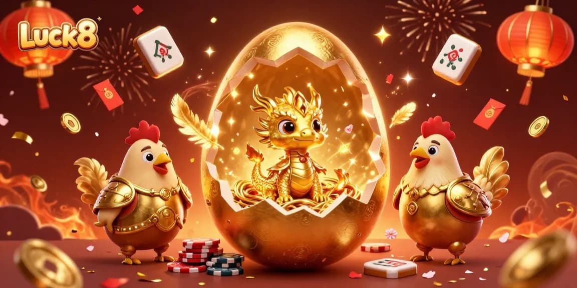 Luck8 brings excitement with golden egg cracking to reveal a treasure dragon among poker chips.