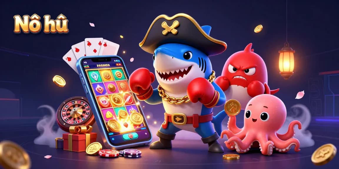 Nổ hũ game illustration featuring a pirate shark, a pufferfish, and an octopus with gold coins.