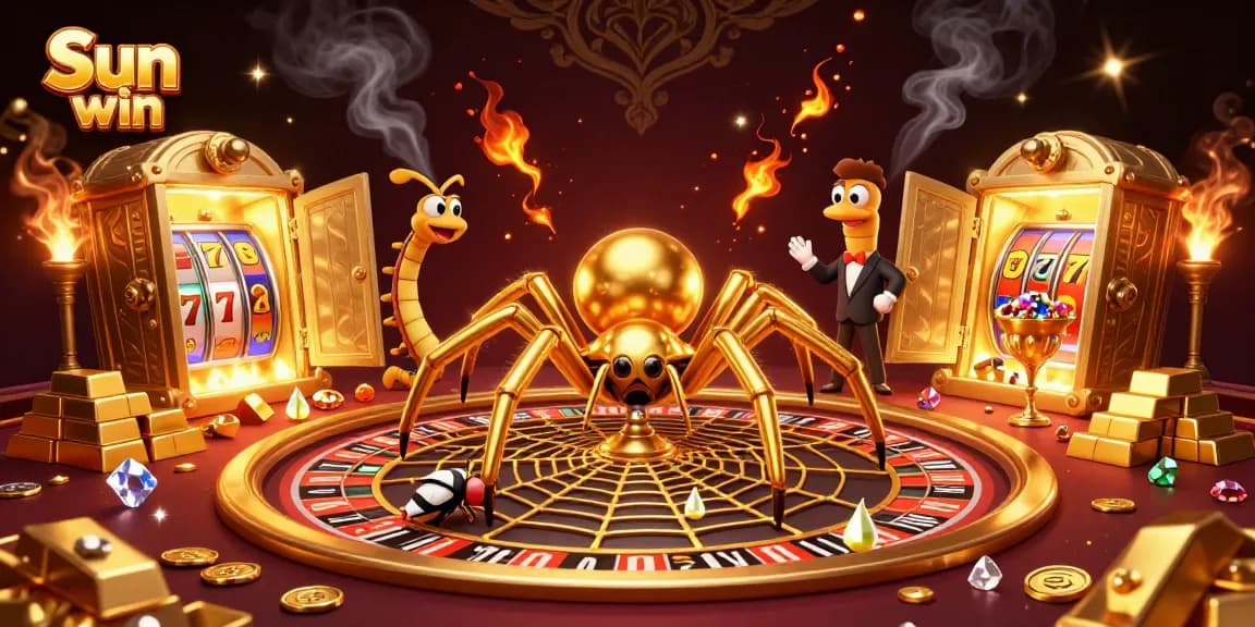 Sun win casino scene with a golden spider and a fly placing bets, rich in glittering elements.
