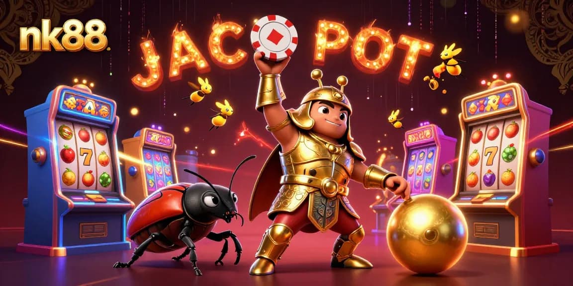 Engage with the thrilling nk88 casino adventure featuring a triumphant beetle in golden armor