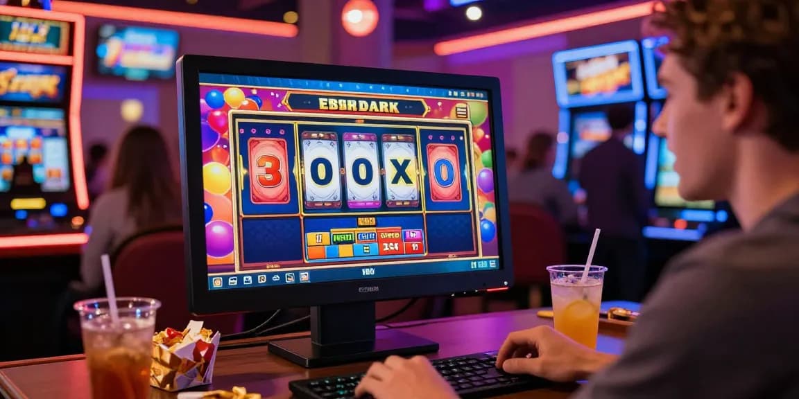 Player winning on an online slot game, celebrating the jackpot in a vibrant casino-themed setting.