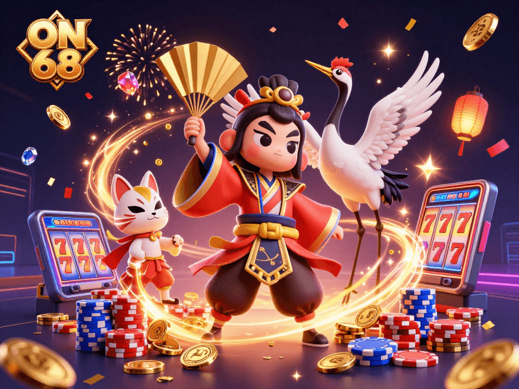 Engage in thrilling bets at ON 68 with kabuki warrior and casino elements bringing luck and excitement.