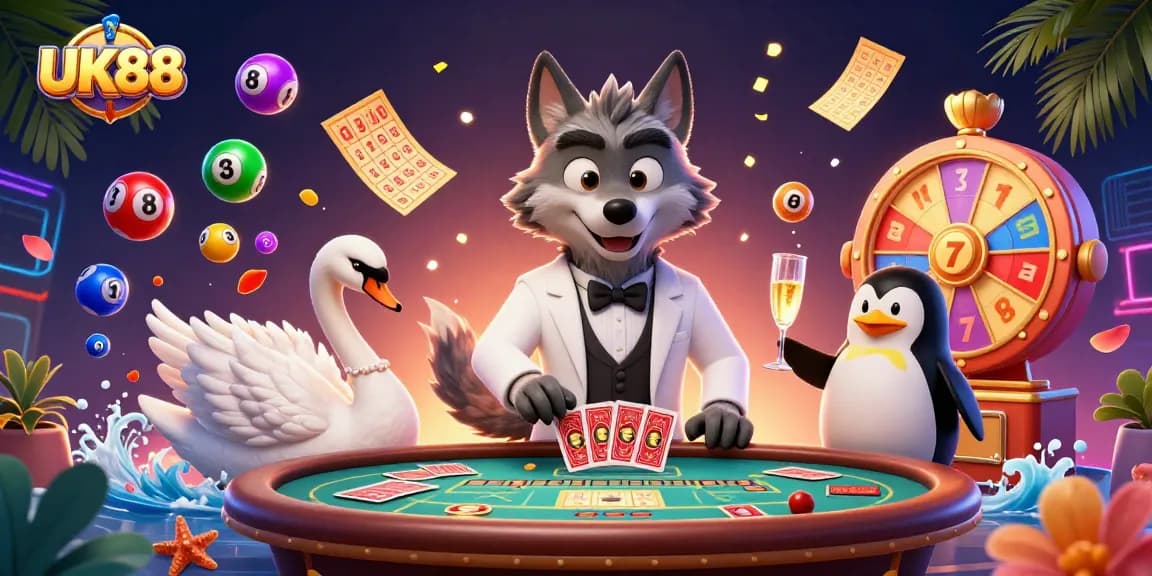 Experience the excitement of UK88 with animated casino characters and vibrant game elements.