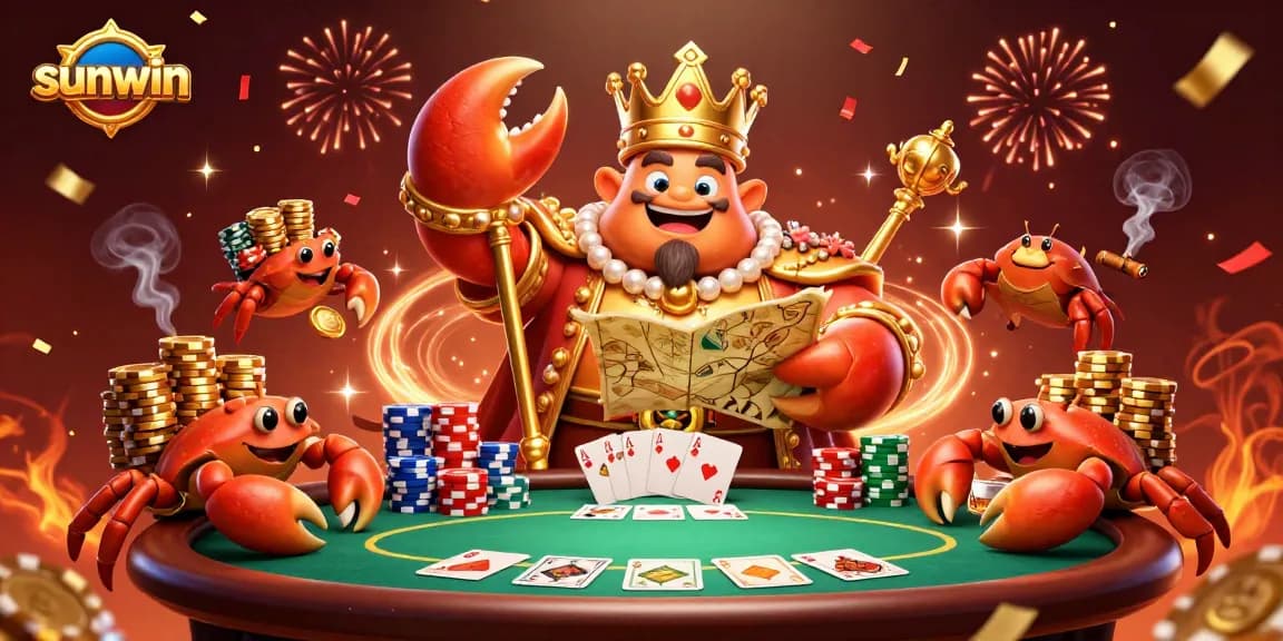 Experience the exciting game world of Sunwin with a vibrant crab emperor and poker elements.