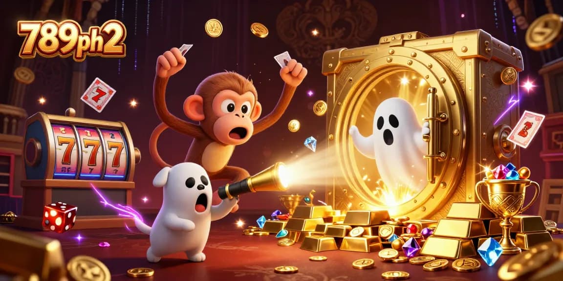 Experience the thrill of 789ph2 in this packed casino scene with a juggling monkey and ghost-hunter puppy.