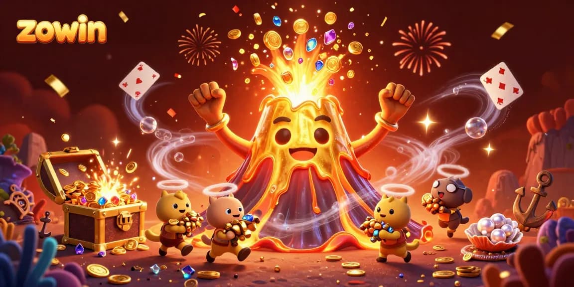 Zowin showcases a vibrant 3D casino explosion of treasures and winning symbols in an animated celebration.