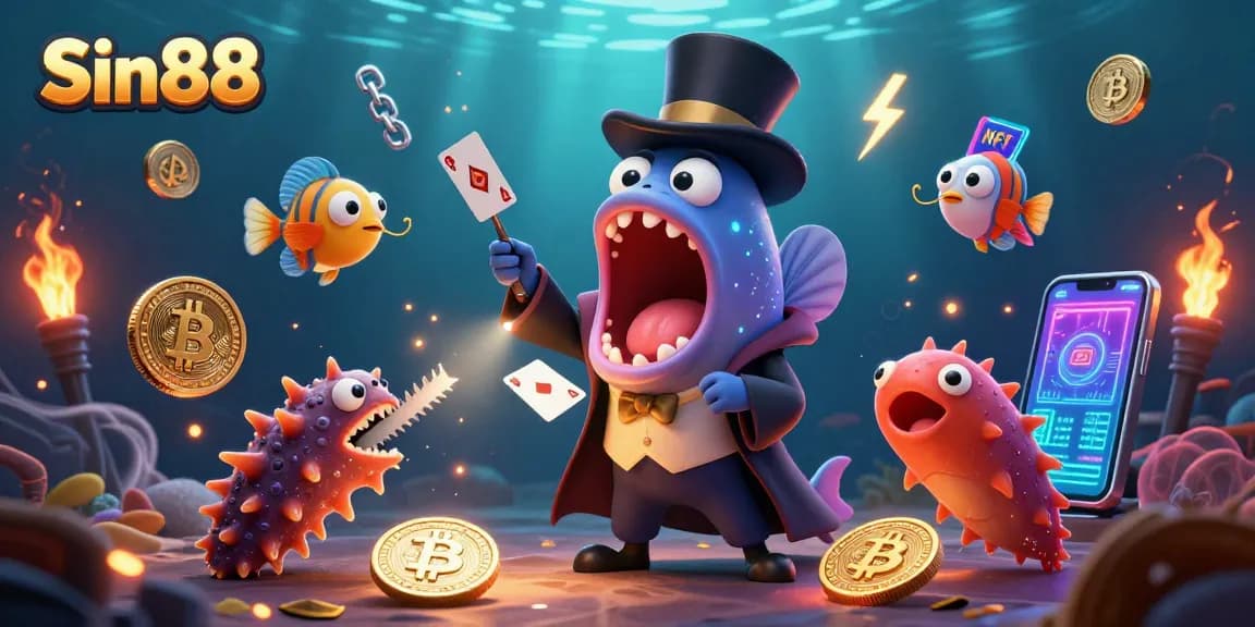 Experience the vibrant Sin88 crypto casino magic with underwater characters and neon coins.