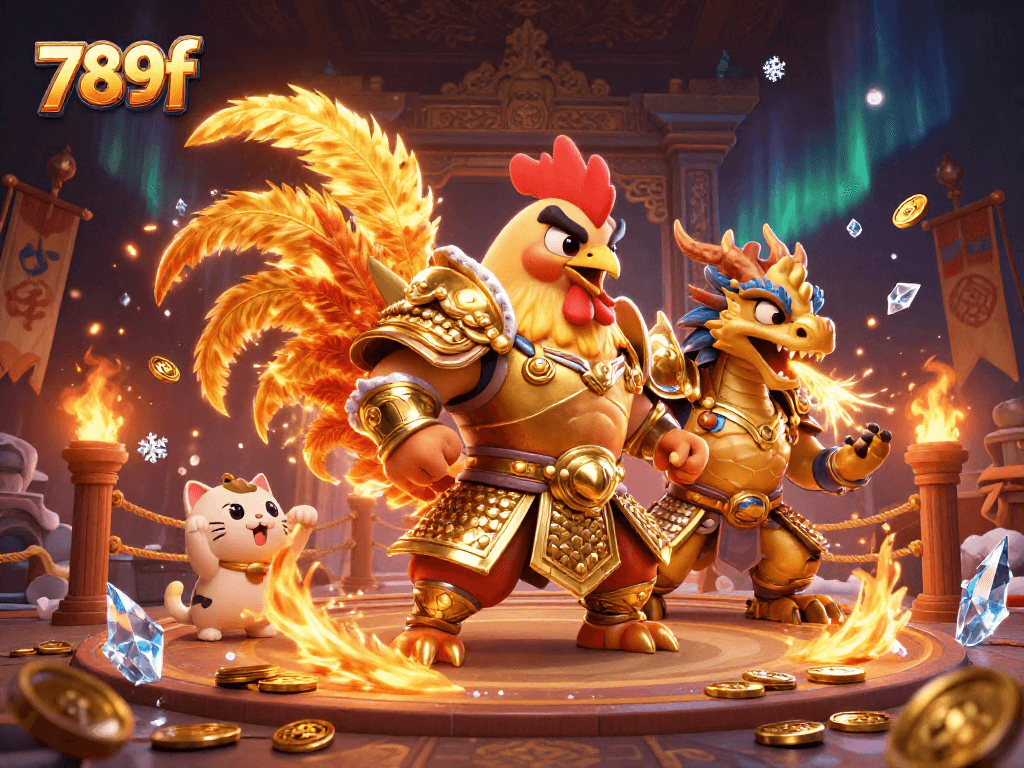 Engage in exciting gameplay at 789f with a powerful rooster warrior and a fierce dragon in a dynamic casino scene.