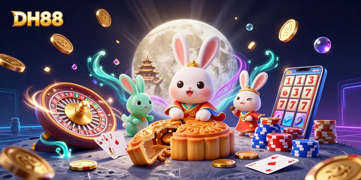 Immerse in the DH88 gaming experience with a moon rabbit pounding mooncakes revealing poker treasures.