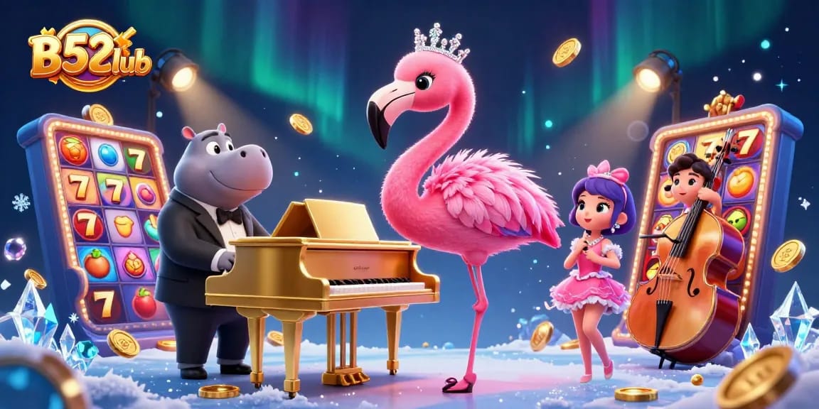 B52Club brings excitement with vibrant casino characters, slot game elements, and dazzling lights.