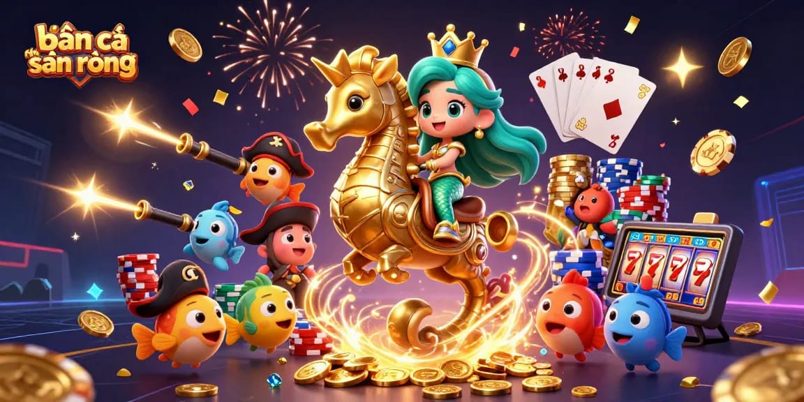 bắn cá thợ săn rồng captures a vibrant 3D scene filled with mermaid princess, seahorse, and joyful fish, symbolizing gambling excitement.