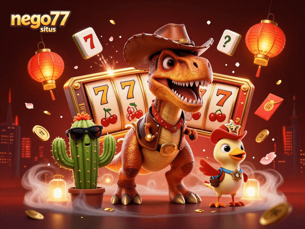 Engage with the exciting world of nego77 situs through vibrant casino-themed 3D illustration featuring lucky symbols and dynamic characters.