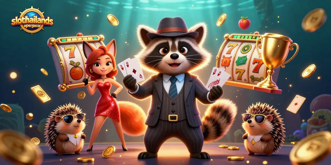 Engage with slotthailandsupergacor in this dynamic 3D illustration of casino excitement featuring raccoon and friends.