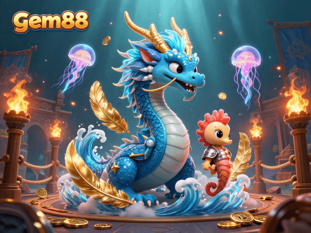 Engage in thrilling gameplay with gem88, featuring a vibrant 3D dragon and dynamic casino elements.
