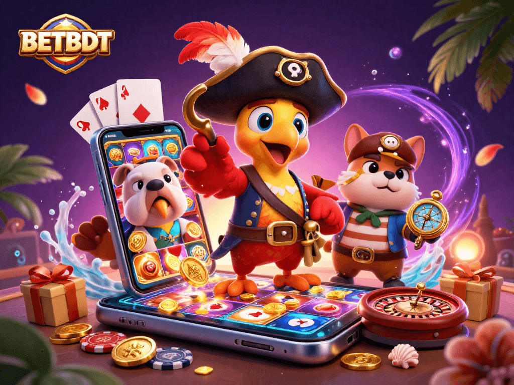 Engage in the excitement of BETBDT with animated characters and vibrant casino elements.