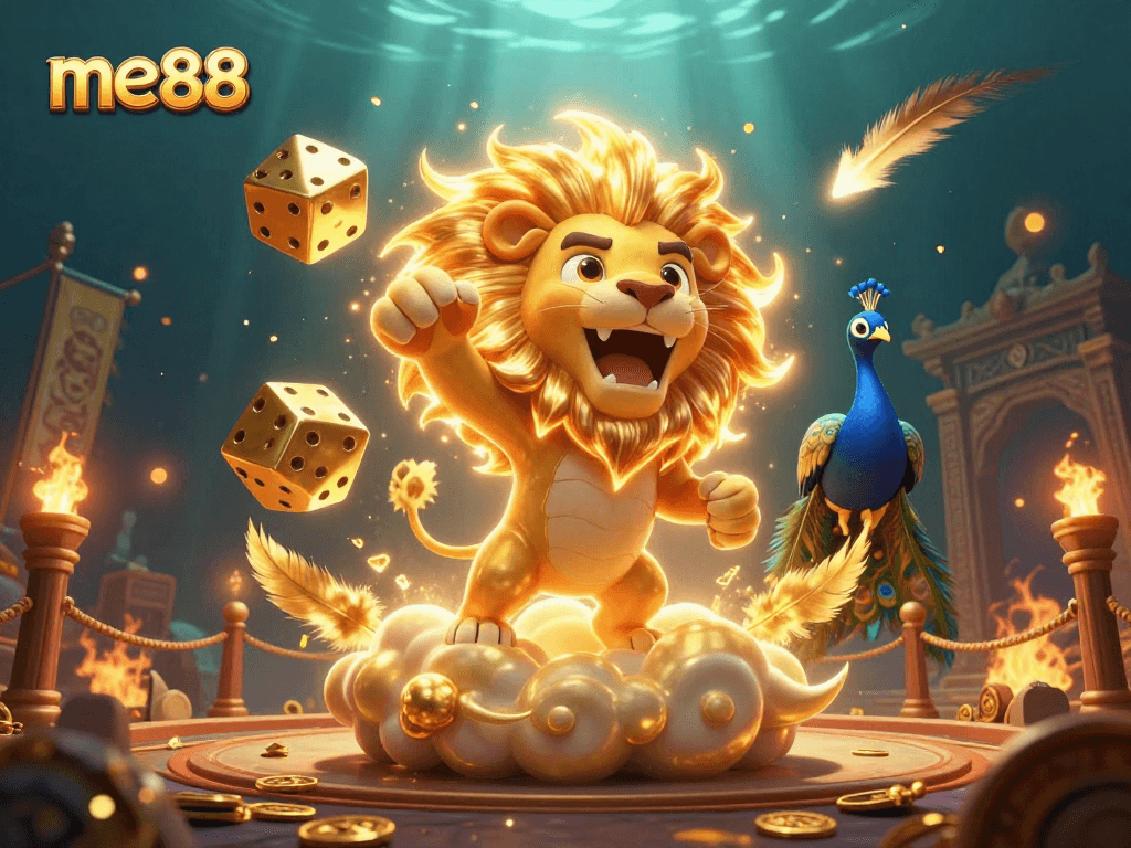 Experience the vibrant me88 scene with a roaring sun lion and golden dice, capturing the thrill of online casino games.