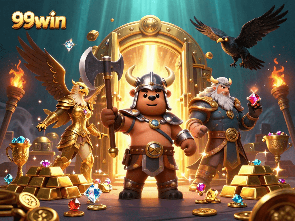 Win big with 99win's vivid casino illustration featuring epic Viking bear and Valkyrie in action.