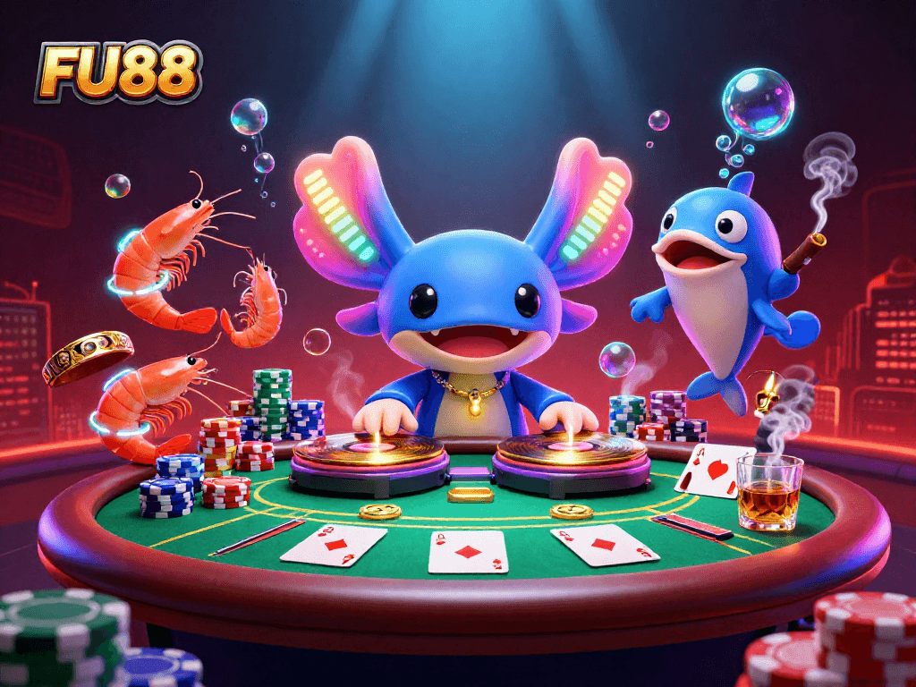 Experience thrilling gaming at FU88 with vibrant neon characters and dynamic poker elements.