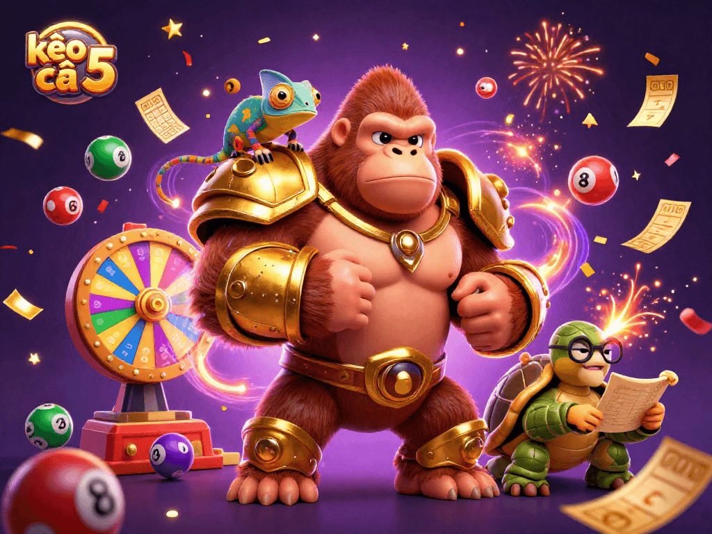 Engage with the kèo nhà cái 5 illustrated scene featuring a gorilla king, chameleon spy, and tortoise elder amidst a lively casino atmosphere.