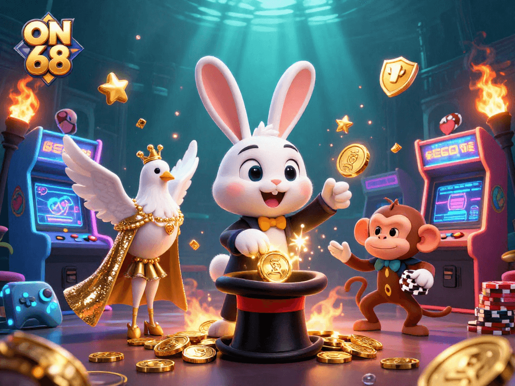 Experience thrilling gaming excitement at ON 68 with a whimsical 3D illustration of a magician and friends!