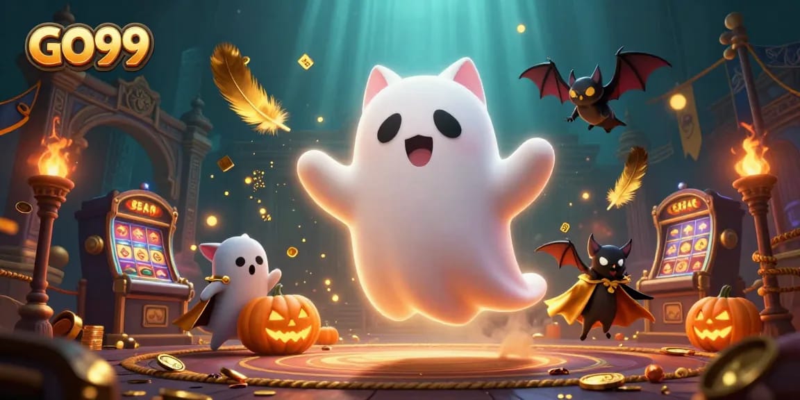Experience exciting games at GO99 with a friendly ghost cat and vibrant casino elements.