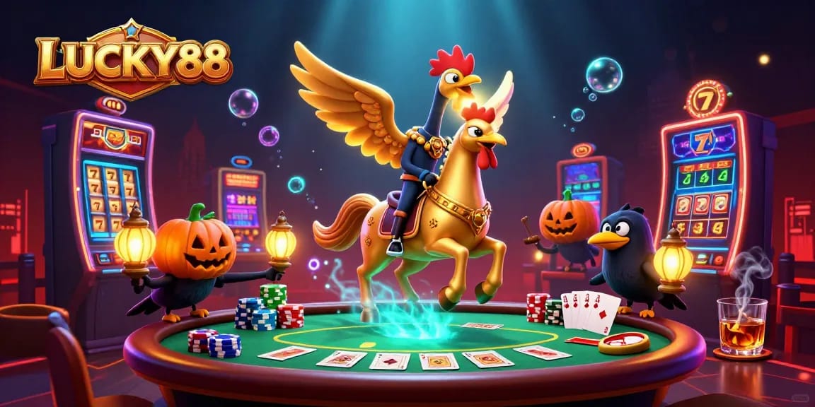 Experience the magic of LUCKY88 as a golden rooster and spectral horse light up the casino.