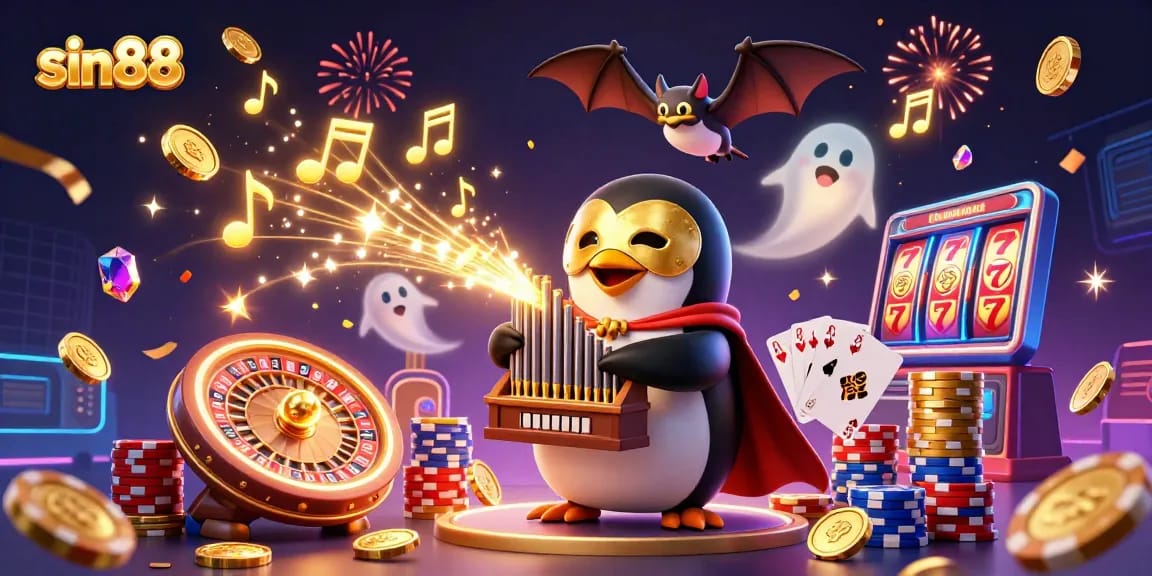 Experience the thrill of sin88 with a cartoon phantom opera penguin, golden coins, and casino elements.