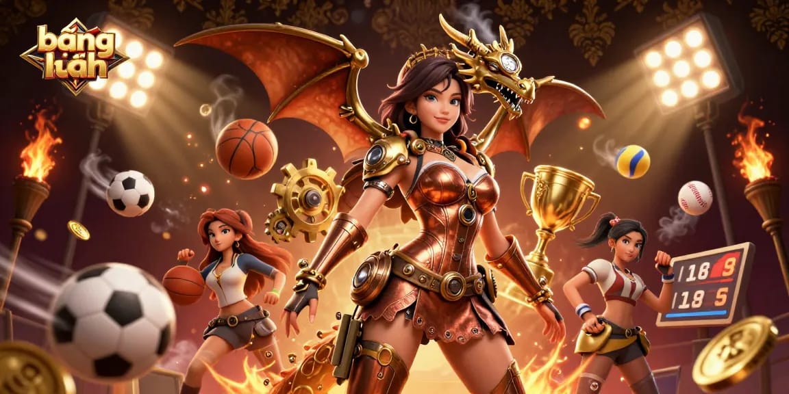 Engage with bảng xếp hạng sports ranking scene featuring interactive elements, dynamic sports balls, and a trophy.