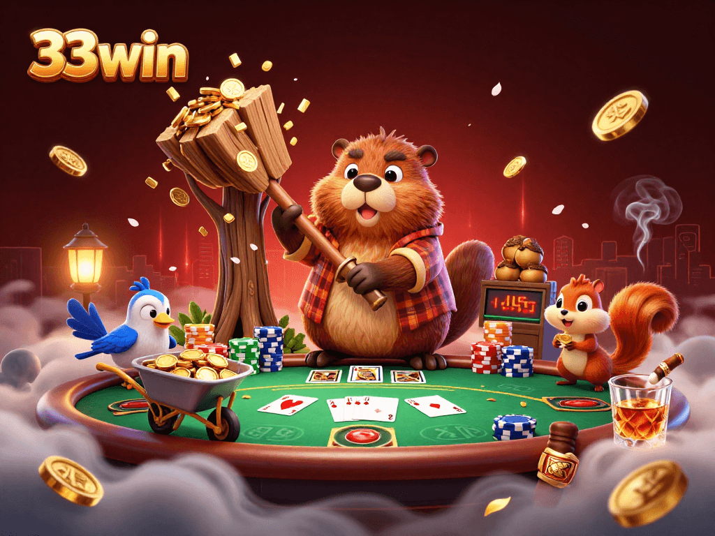 Experience thrilling gameplay with 33win as the beaver chops for golden coins in this vibrant casino scene.