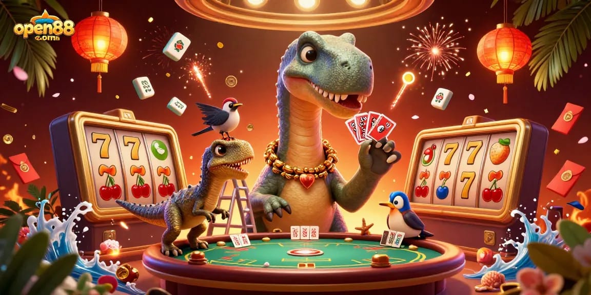 Join the fun at open88com with a playful 3D casino scene featuring a brontosaurus and raptor!