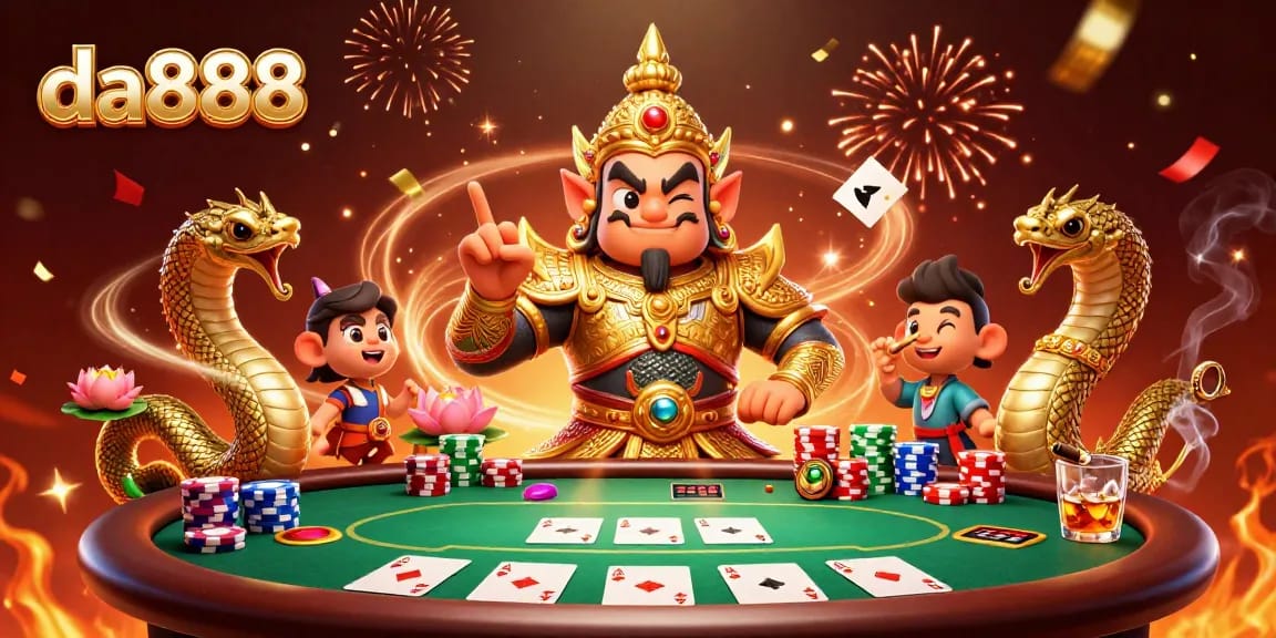 Experience the thrill of da888 poker with a vibrant 3D scene featuring ornate characters and colorful game elements.