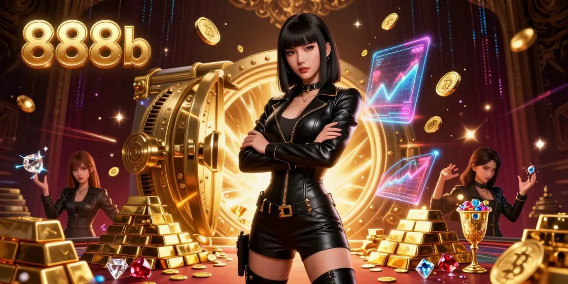 Engage with 888b's thrilling casino atmosphere filled with gold bars, Bitcoin, and a stunning Asian woman.