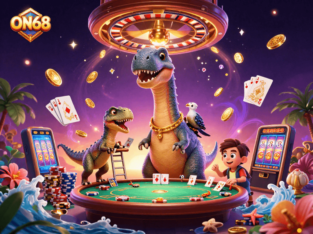 Join the excitement at ON68 with a prehistoric twist, featuring a brontosaurus observing gameplay at a lively casino.