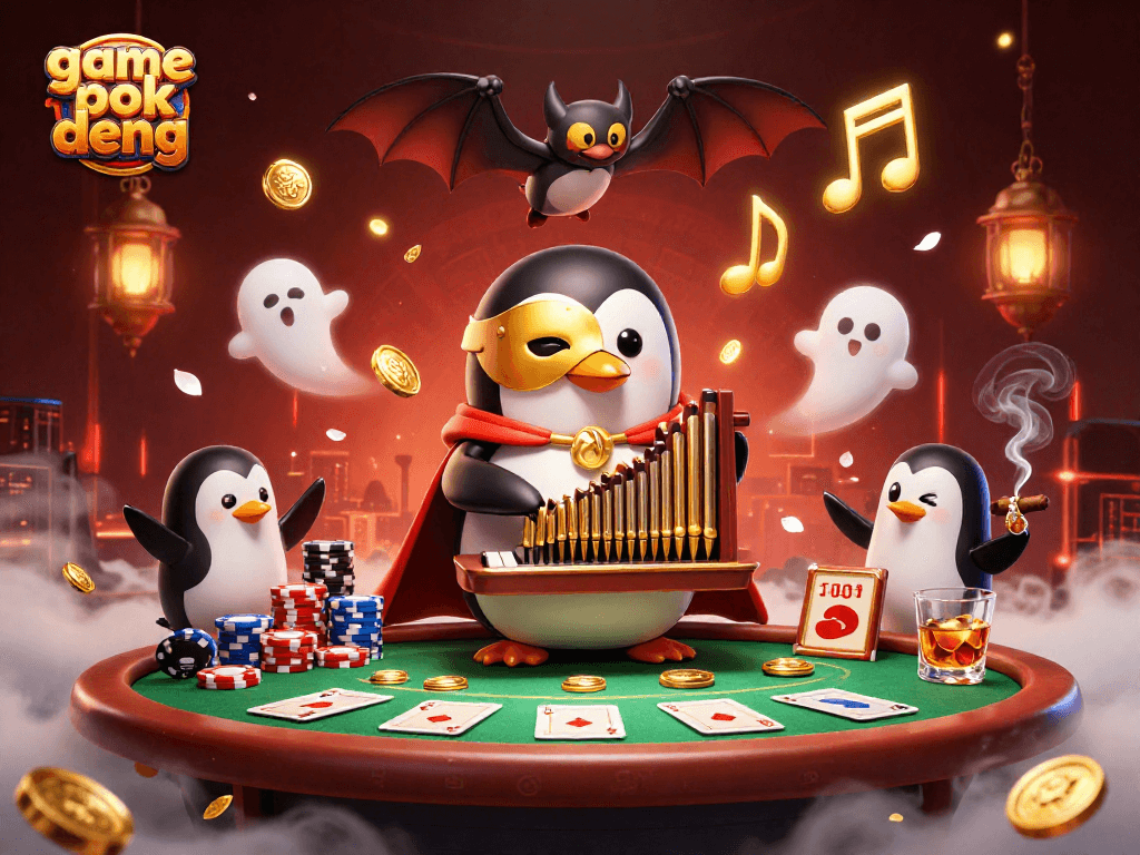 The game pok deng features an exciting scene with a phantom opera penguin, poker elements, and dynamic visual effects.