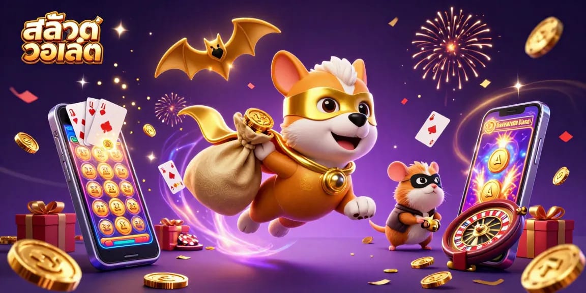 Play สล็อตวอเลท with a superhero dog and hamster amidst a vibrant casino atmosphere.
