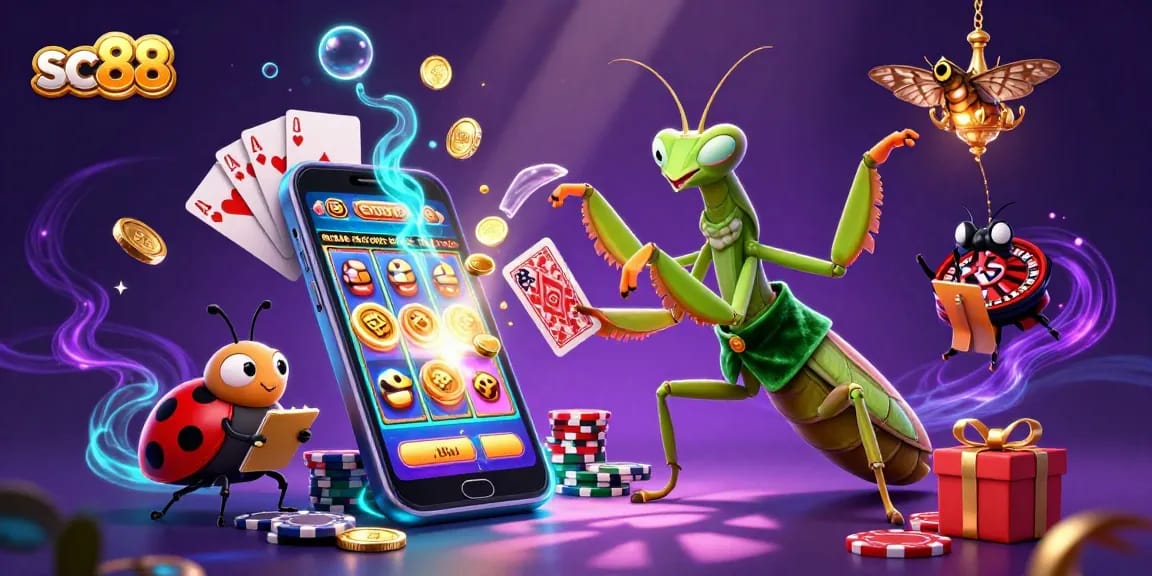 Experience sc88 excitement with a vibrant 3D illustration of a mantis card sharp and ladybug pit boss.