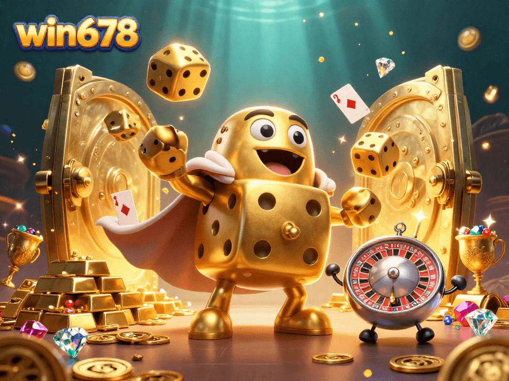 Win678 showcases a golden dice golem juggling winnings amidst a treasure trove of riches.