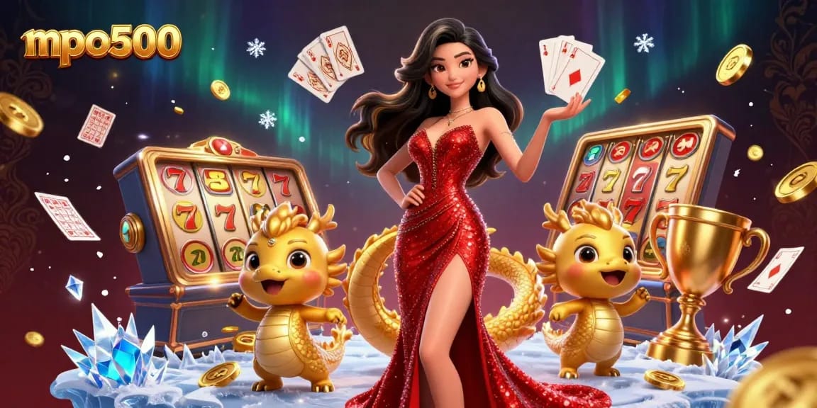 Immerse in mpo500's vibrant gaming scene with a stunning Asian woman, golden dragon, and dynamic slot reels.