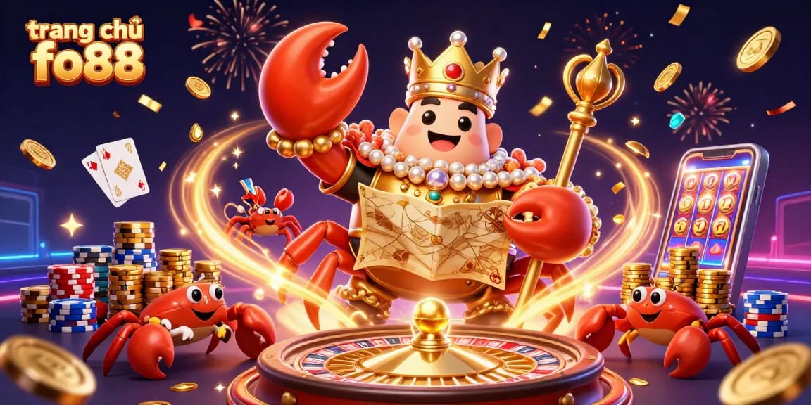 Experience the thrill of winning with trang chủ fo88's golden crab emperor amidst dazzling casino elements.