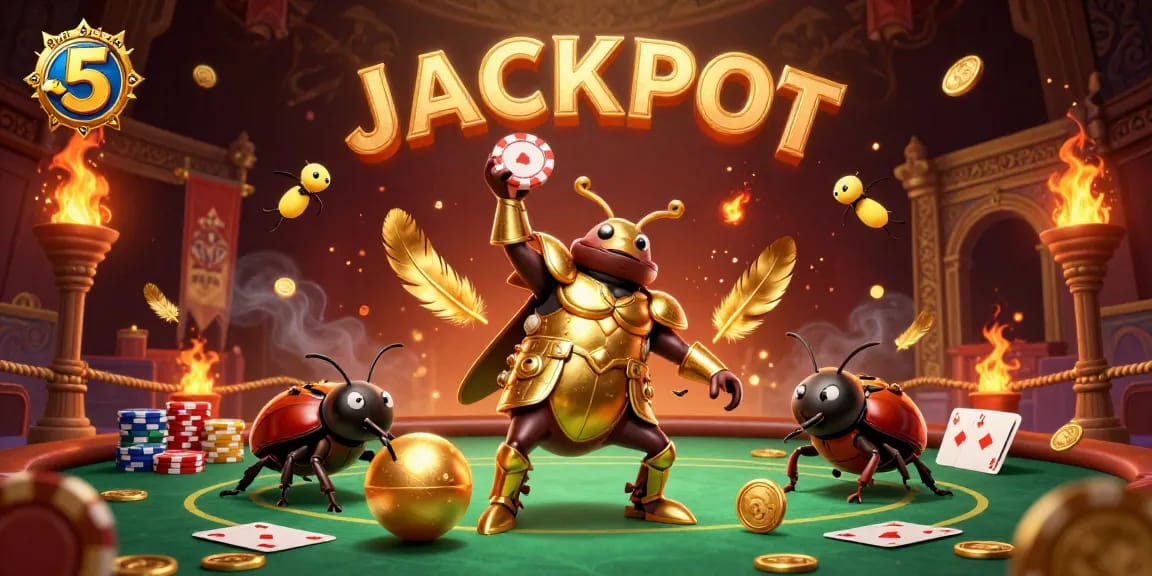 Engage in thrilling game bài kèo nhà cái 5 with cartoon beetles and poker elements in a dynamic illustration.