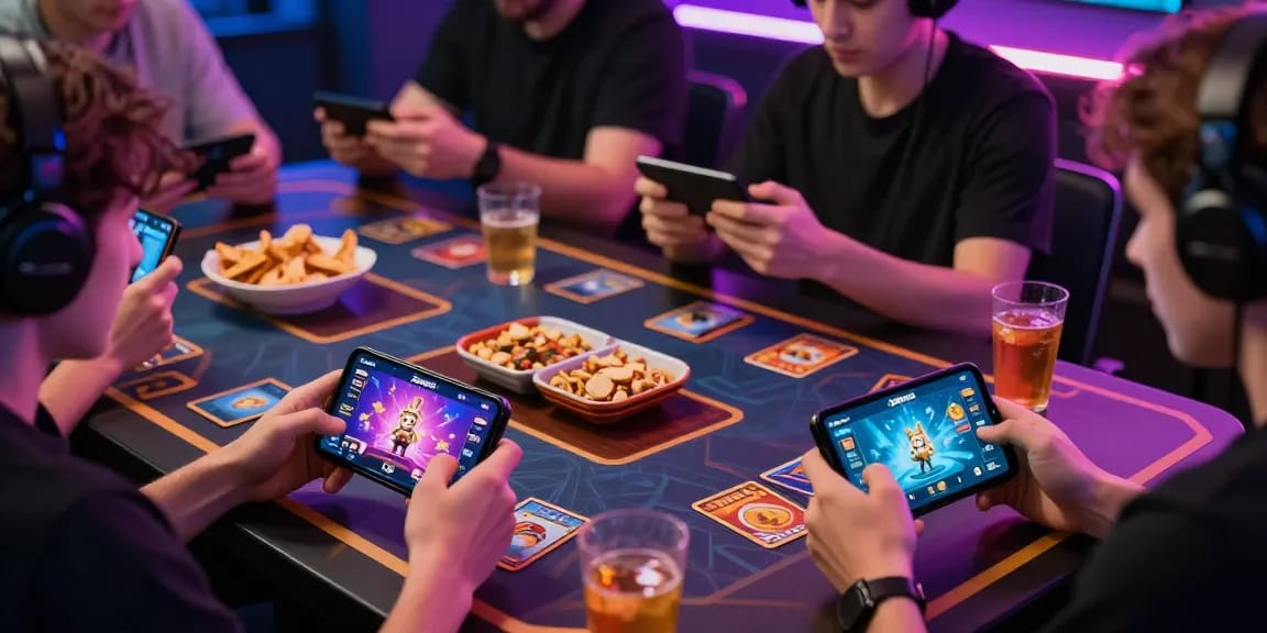 Players engaged in game bài zowin on mobile devices, showcasing vibrant app graphics and a competitive atmosphere.