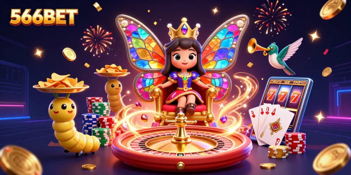 Engage in thrilling gaming adventures at 566BET with a vibrant 3D casino atmosphere featuring butterflies and golden coins.