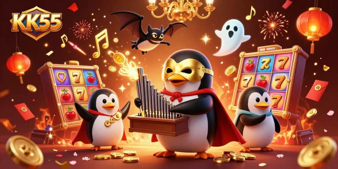 Experience the excitement of KK55 with this vibrant 3D illustration featuring a penguin in a mask creating an explosive casino scene.