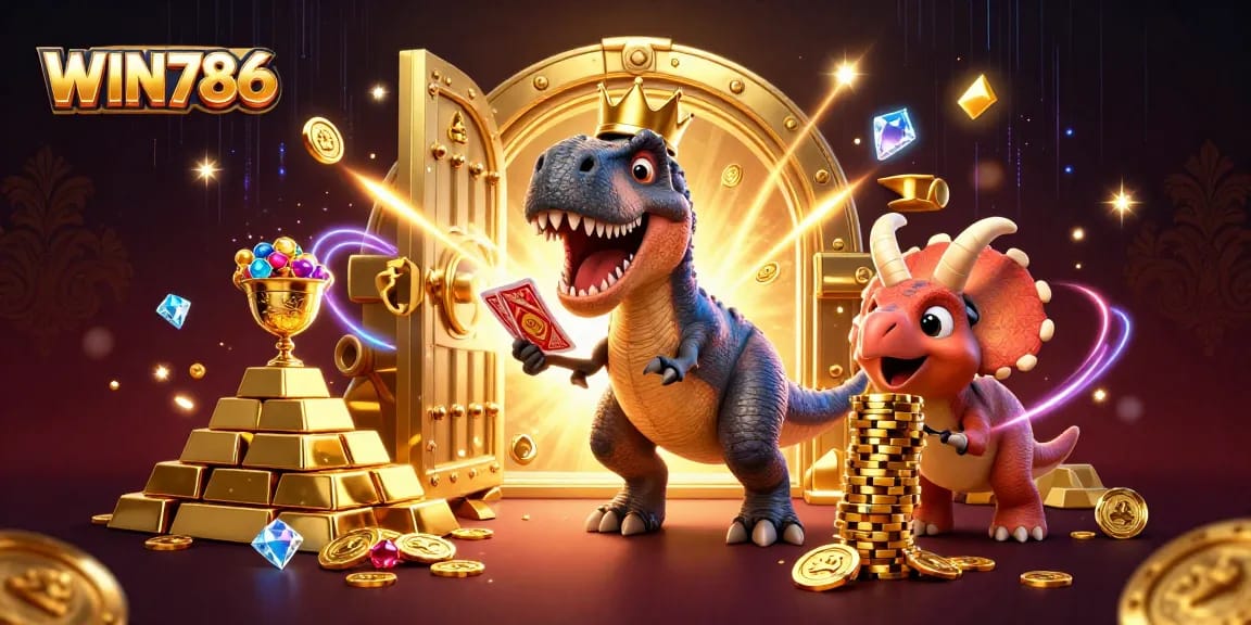 Experience thrilling gaming with WIN786 through captivating 3D cartoon characters surrounded by lavish treasures.