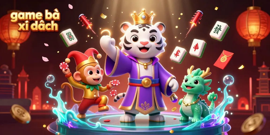 Engage with game bài xì dách as a whimsical tiger and playful monkey celebrate victory with poker chips.