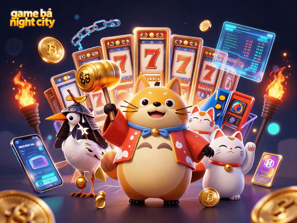Win big with game bài night city in this vibrant 3D digital casino scene.