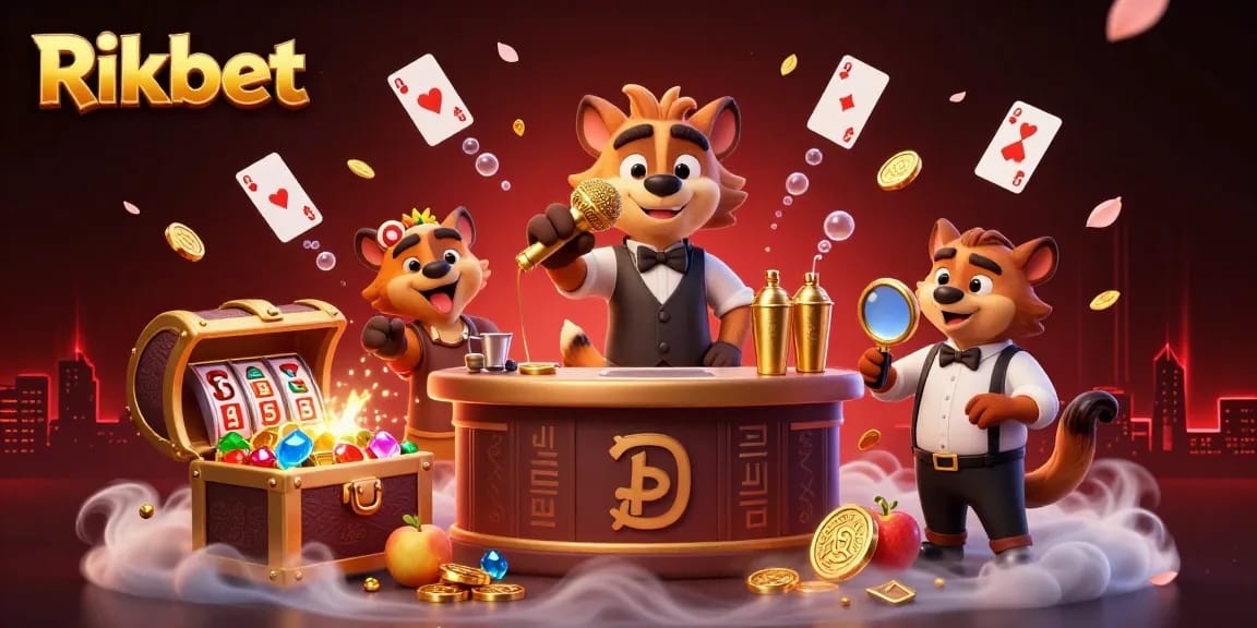 Rikbet's vibrant casino scene brings laughter and excitement with hyenas performing and mixing drinks.