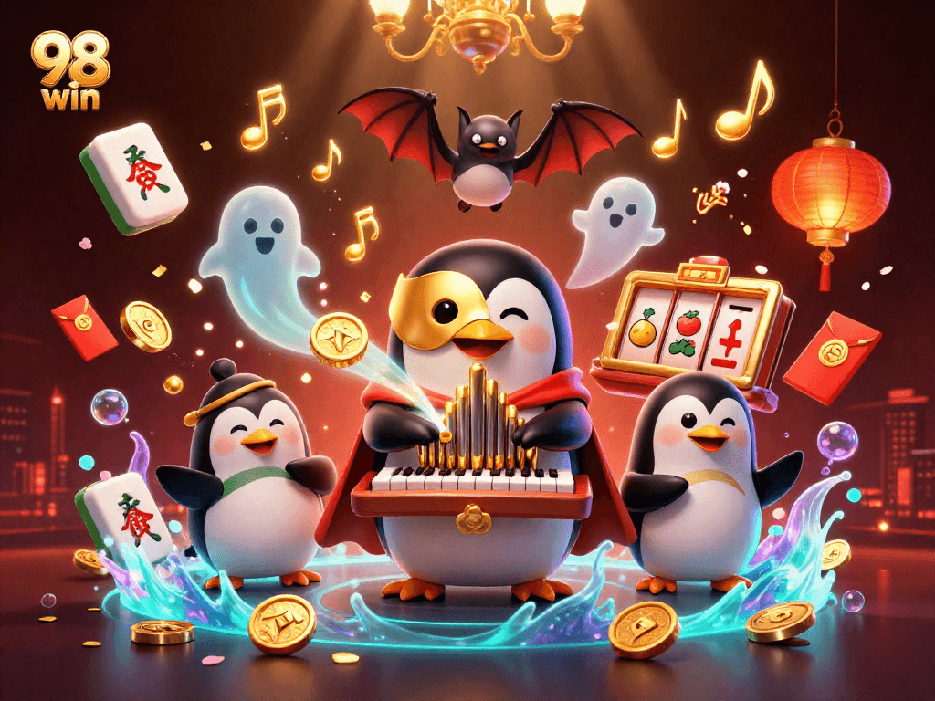 Experience the excitement of 98 win with a vibrant casino scene featuring a penguin, gold coins, and dynamic slot elements.